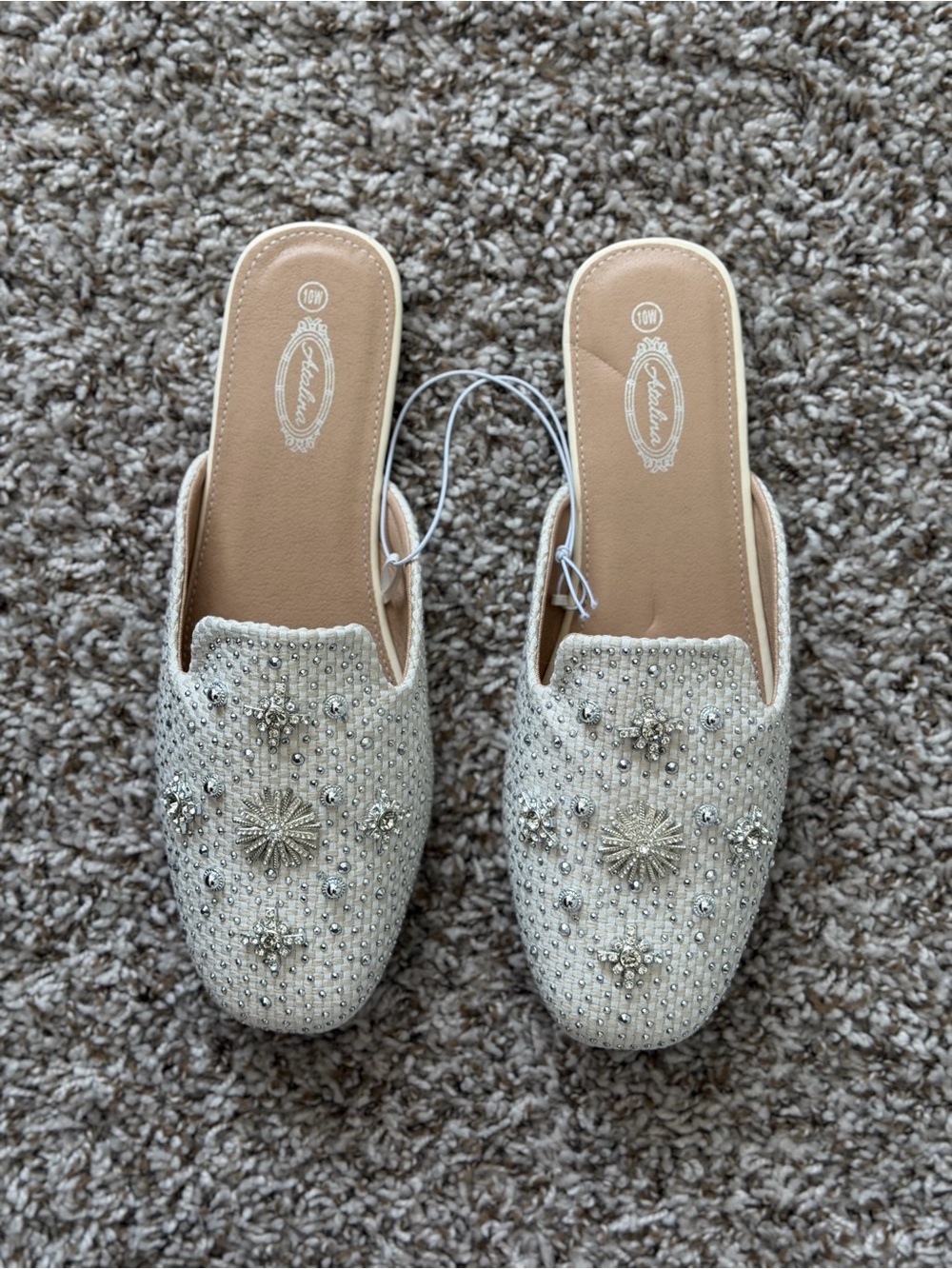 Women’s Rhinestone Embellished Woven Mule Flats – Slip-On Pointed Toe Loafers